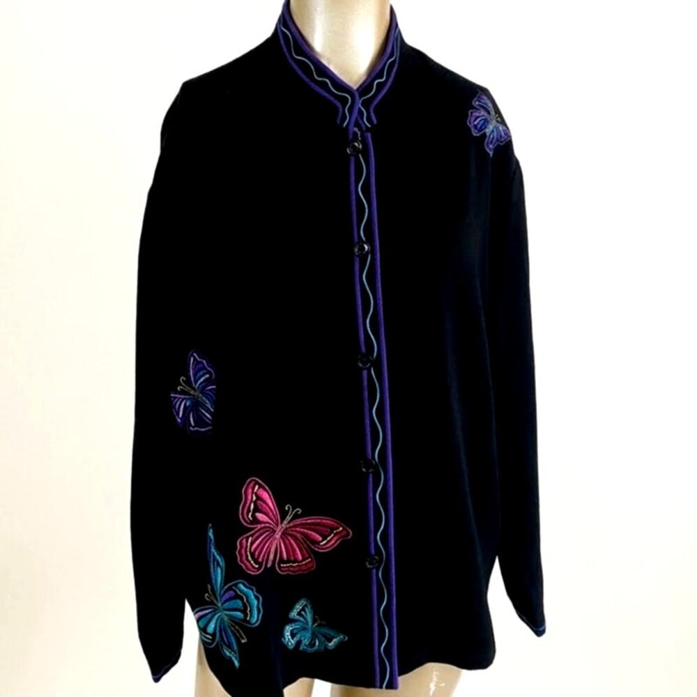 Coldwater Creek Vintage Embroidered Butterfly Jacket Petite Medium Black
